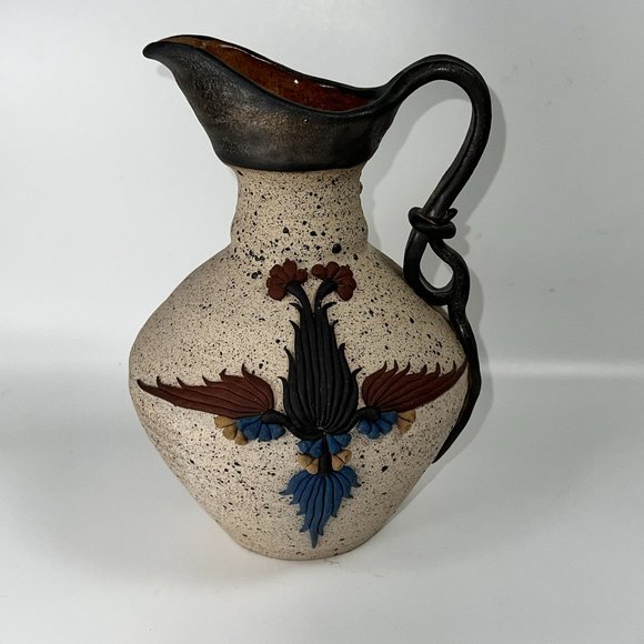 Studio Stoneware Art Pottery Pitcher Applied Design Collectible Marked Israel - Picture 1 of 12
